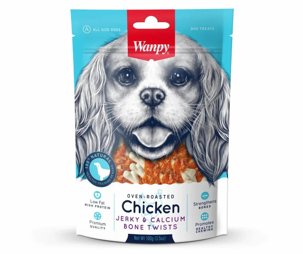 Wanpy Low Fat Oven-Roasted Chicken Jerky & Calcium Bone Twists Dog Treats 100G
