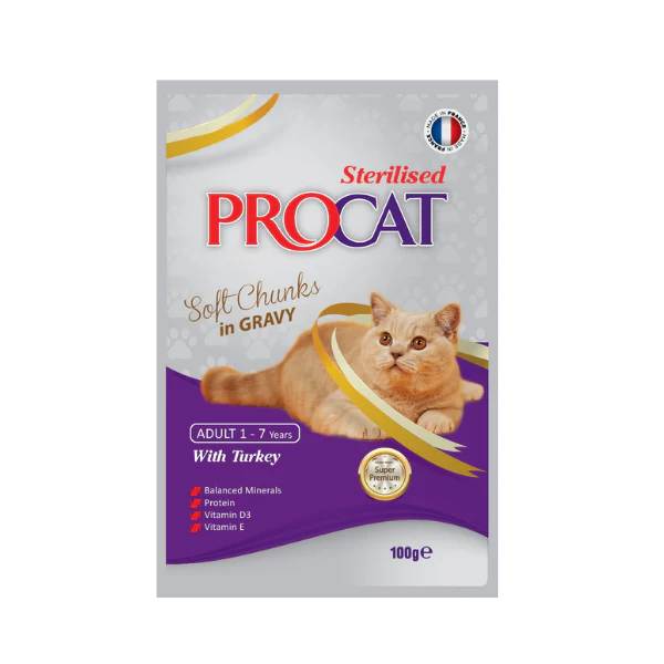 PROCAT Turkey - Sterilized - Wet Cat Food - Soft Chunks in Gravy - 100g