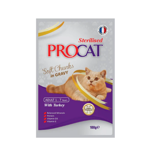 PROCAT Turkey - Sterilized - Wet Cat Food - Soft Chunks in Gravy - 100g